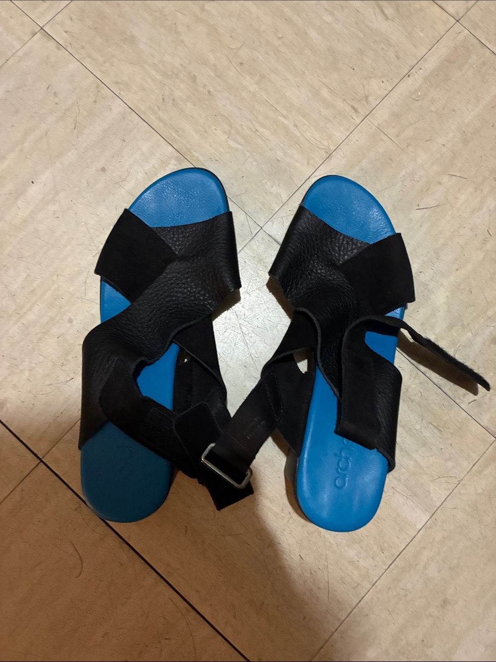 Arche Black Leather Sandals with Blue Footbed